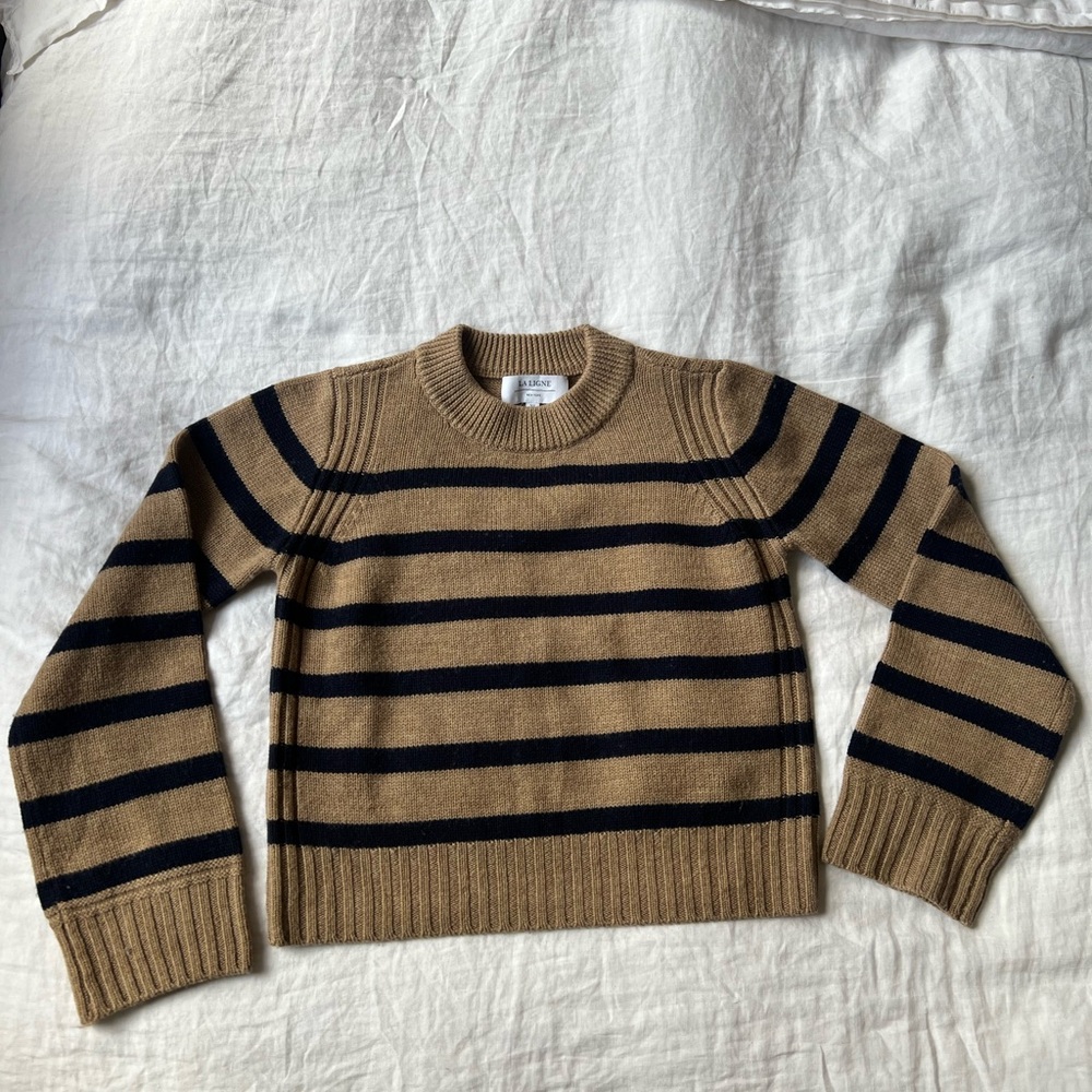 La Ligne Camel and Navy Striped 100% Merino Wool Sweater